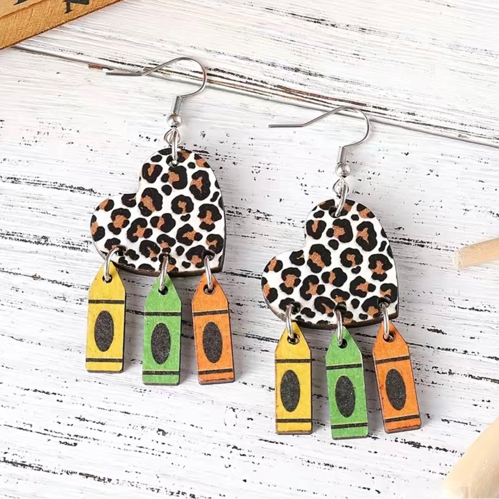 Colorful Crayon Tassel With Leopard Pattern Heart‎ Design Dangle Earrings Wooden